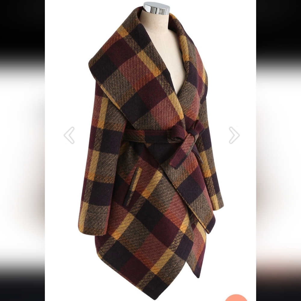 Chicwish Prairie Rabato Wrap Fall Coat Jacket Wool Burgundy/Mustard Yellow Plaid - Picture 6 of 14